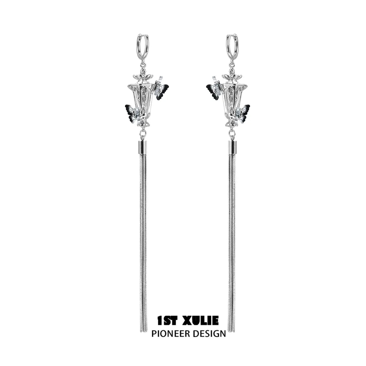 1ST XULIE "Butterfly Wasteland" Gothic Butterfly Beacon Tassel Earrings in Black & Platinum Plating - Lifestyle Shot