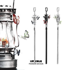 1ST XULIE "Butterfly Wasteland" Gothic Butterfly Beacon Tassel Earrings in Black & Platinum Plating - On Model Close-Up