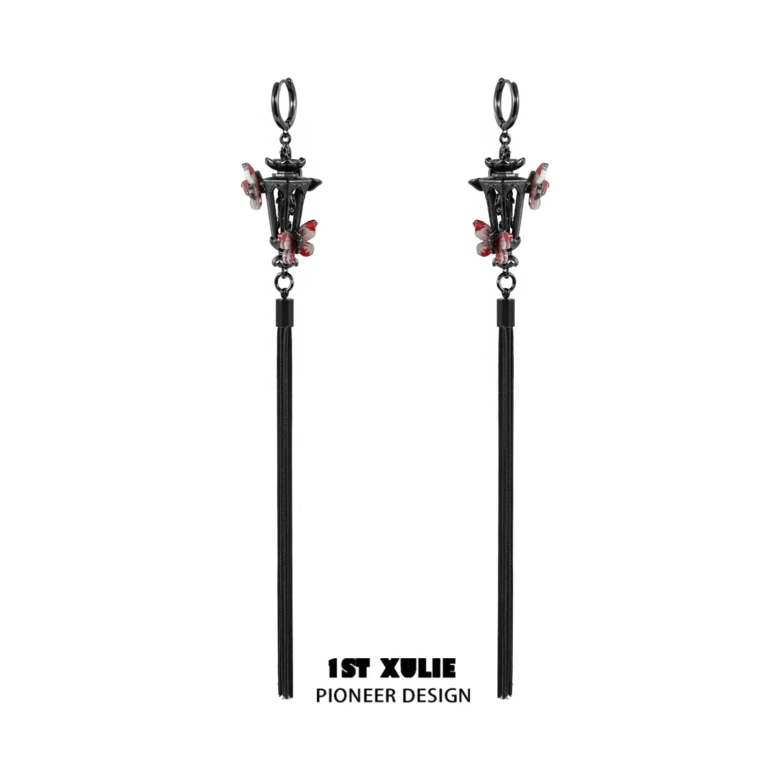 1ST XULIE "Butterfly Wasteland" Gothic Butterfly Beacon Tassel Earrings in Black & Platinum Plating - Packaging View