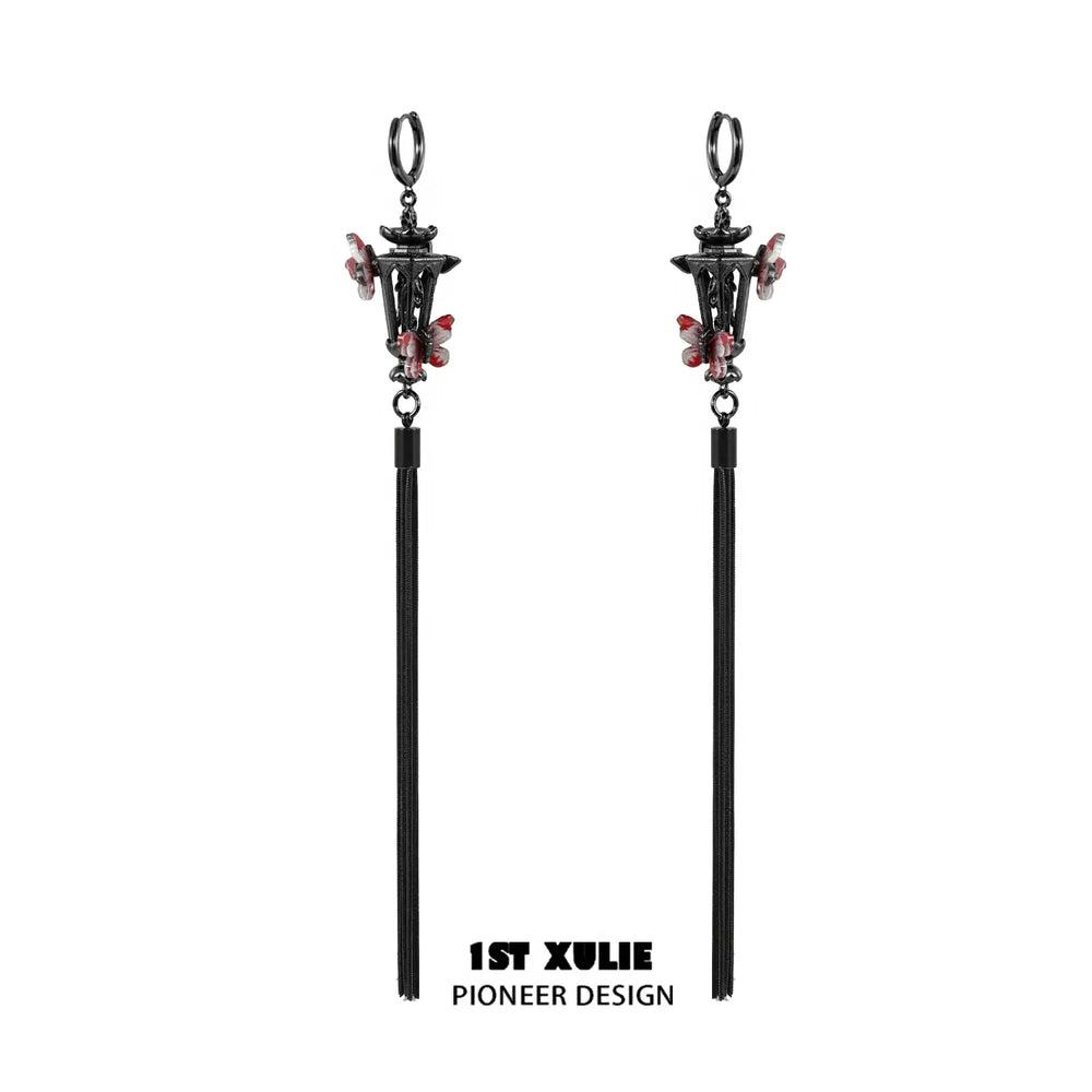 1ST XULIE "Butterfly Wasteland" Gothic Butterfly Beacon Tassel Earrings in Black & Platinum Plating - Packaging View