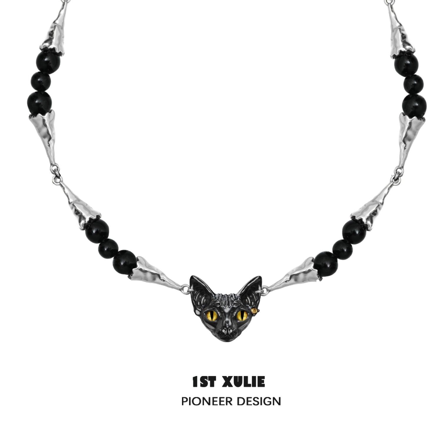1ST XULIE "Cat's Gaze" Gothic Cat Head Choker Necklace in Platinum Plated - Detail Shot