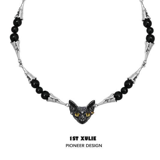 1ST XULIE "Cat's Gaze" Gothic Cat Head Choker Necklace in Platinum Plated - Detail Shot