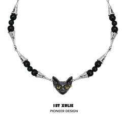 1ST XULIE "Cat's Gaze" Gothic Cat Head Choker Necklace in Platinum Plated - Detail Shot