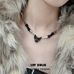 1ST XULIE "Cat's Gaze" Gothic Cat Head Choker Necklace in Platinum Plated - Lifestyle Shot
