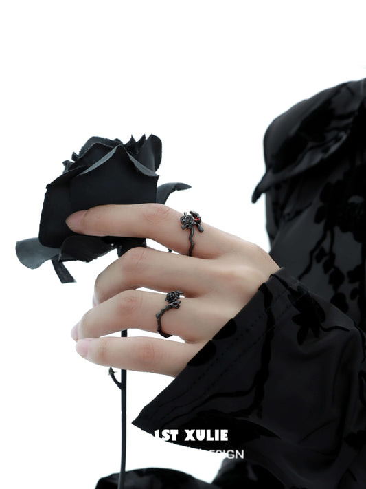 1ST XULIE "Taboo Rose" Gothic Dark Rose Statement Ring in 925 Sterling Silver - On Model