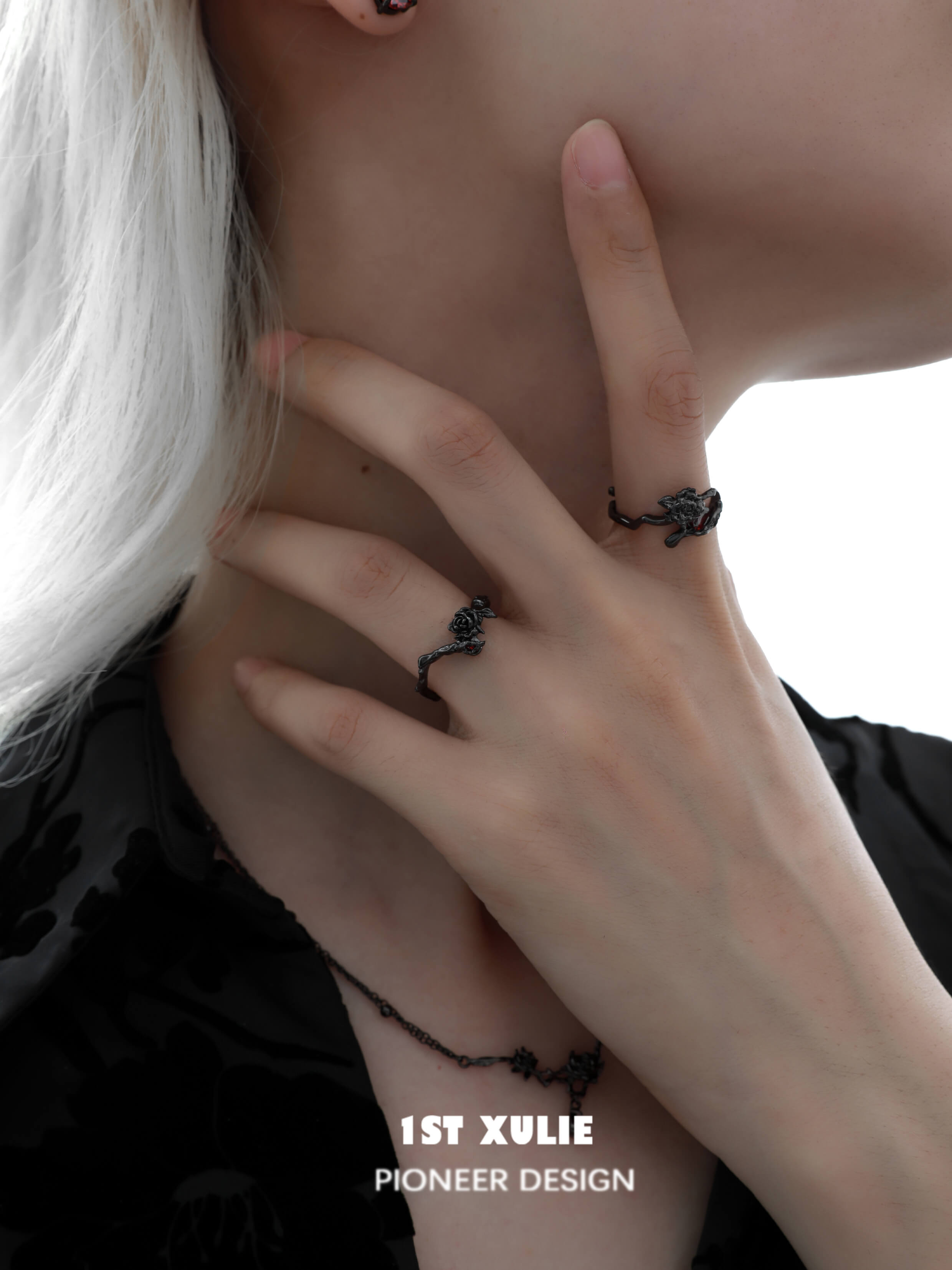 1ST XULIE "Taboo Rose" Gothic Dark Rose Statement Ring in 925 Sterling Silver - On Model Close-Up