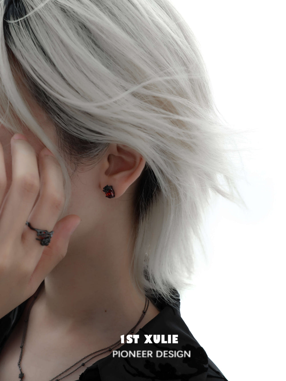 1ST XULIE "Taboo Rose" Gothic Dark Rose Stud Earrings in 925 Sterling Silver - Angled View
