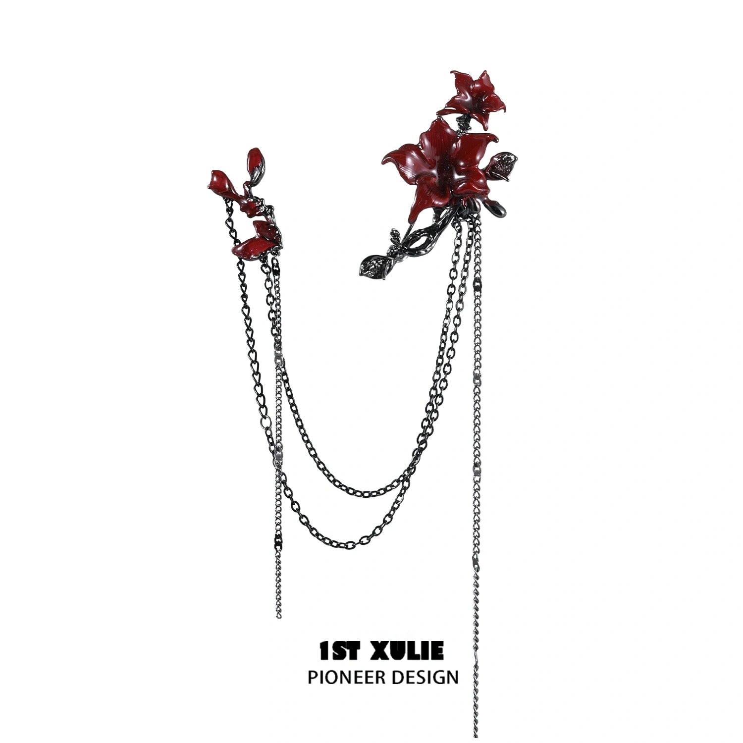 1ST XULIE "Bloody Datura" Gothic Datura Flower Chain Brooch Set in Black & Red Epoxy Resin - Product View