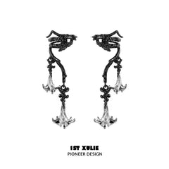 1ST XULIE "Bloody Datura" Gothic Datura Flower Dangle Ear Cuffs in 18K Black Gold Plated Brass - Angle View