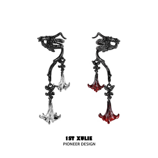 1ST XULIE "Bloody Datura" Gothic Datura Flower Dangle Ear Cuffs in 18K Black Gold Plated Brass - Detail Shot