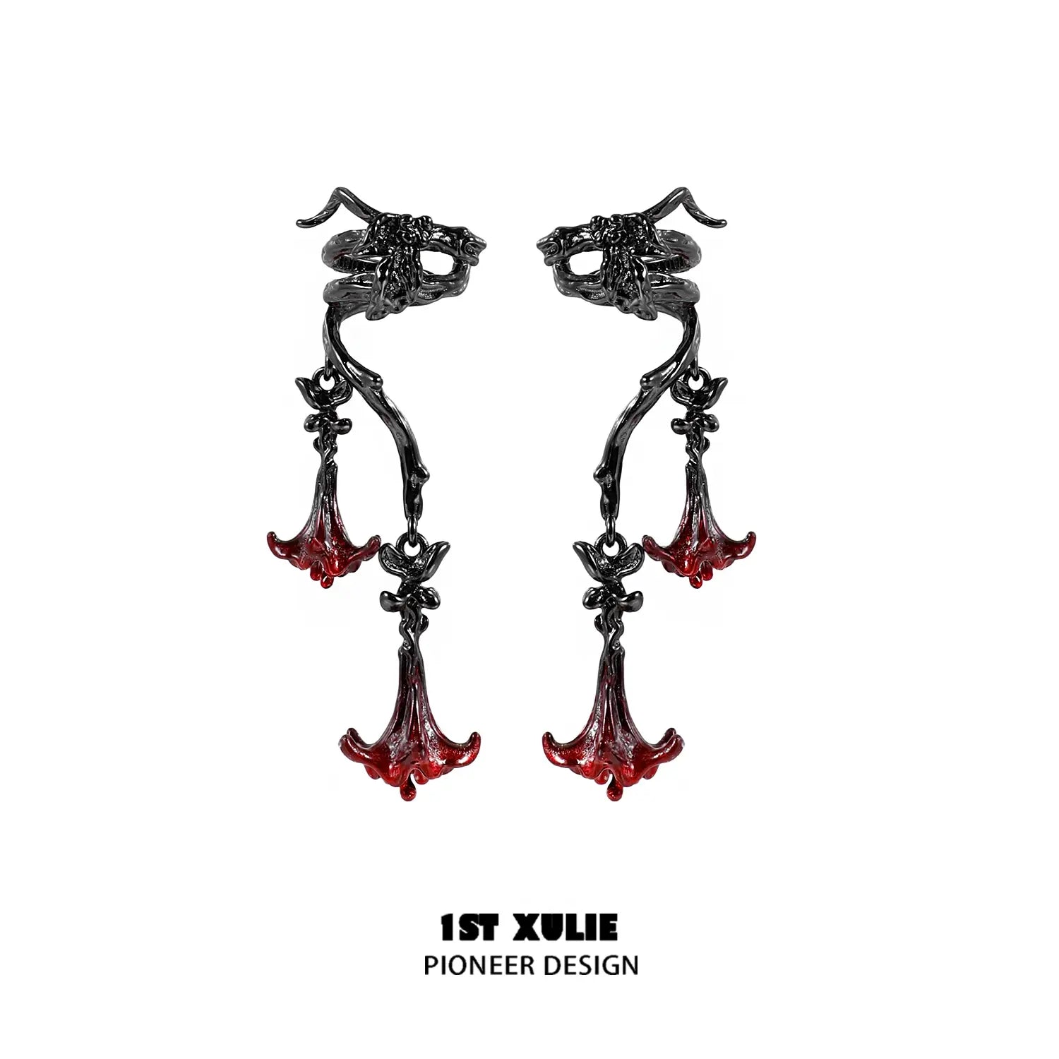 1ST XULIE "Bloody Datura" Gothic Datura Flower Dangle Ear Cuffs in 18K Black Gold Plated Brass - Side View