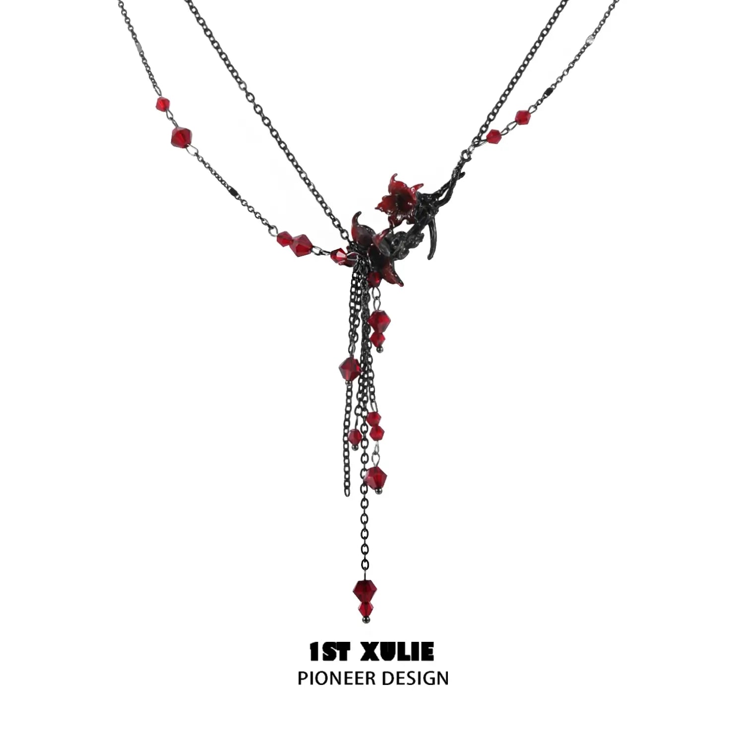 1ST XULIE "Bloody Datura" Collection - Side view of model wearing the matching Datura Flower Tassel Choker Necklace