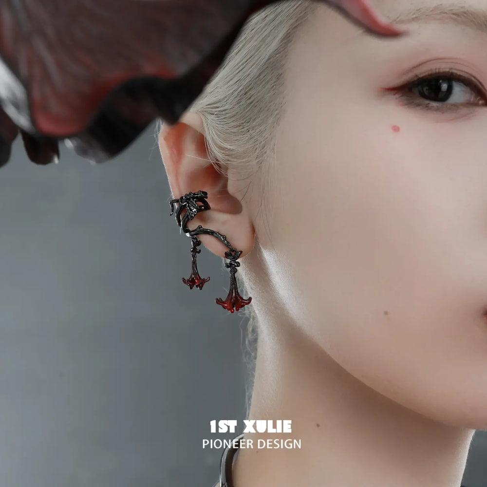1ST XULIE Jewelry "Bloody Datura" Gothic Datura Flower Ear Cuffs in 18K Black Gold Plated Brass - On Model