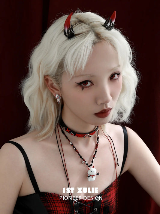 1ST XULIE Jewelry "DEMON CUTIES" Gothic Devil Puppy Pendant Necklace in Rhodium Plated Brass - Product View