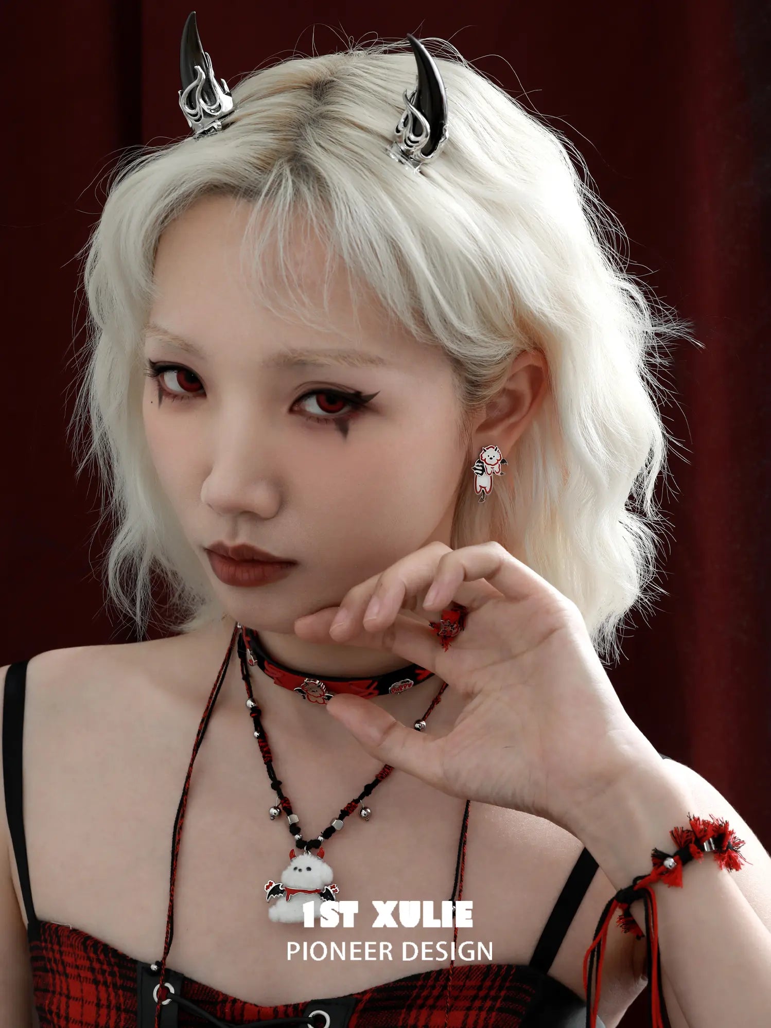 1ST XULIE Jewelry "DEMON CUTIES" Gothic Devil Puppy Pendant Necklace in Rhodium Plated Brass - On Model