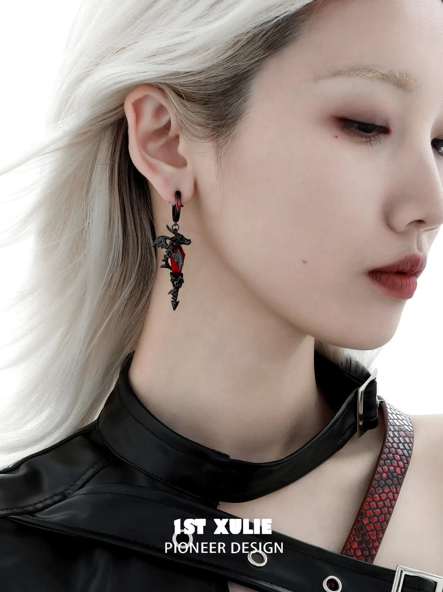 1ST XULIE "Infernal Dragon Relic" Gothic Dragon Bone Dangle Earrings in Black Gold Plated - Back View