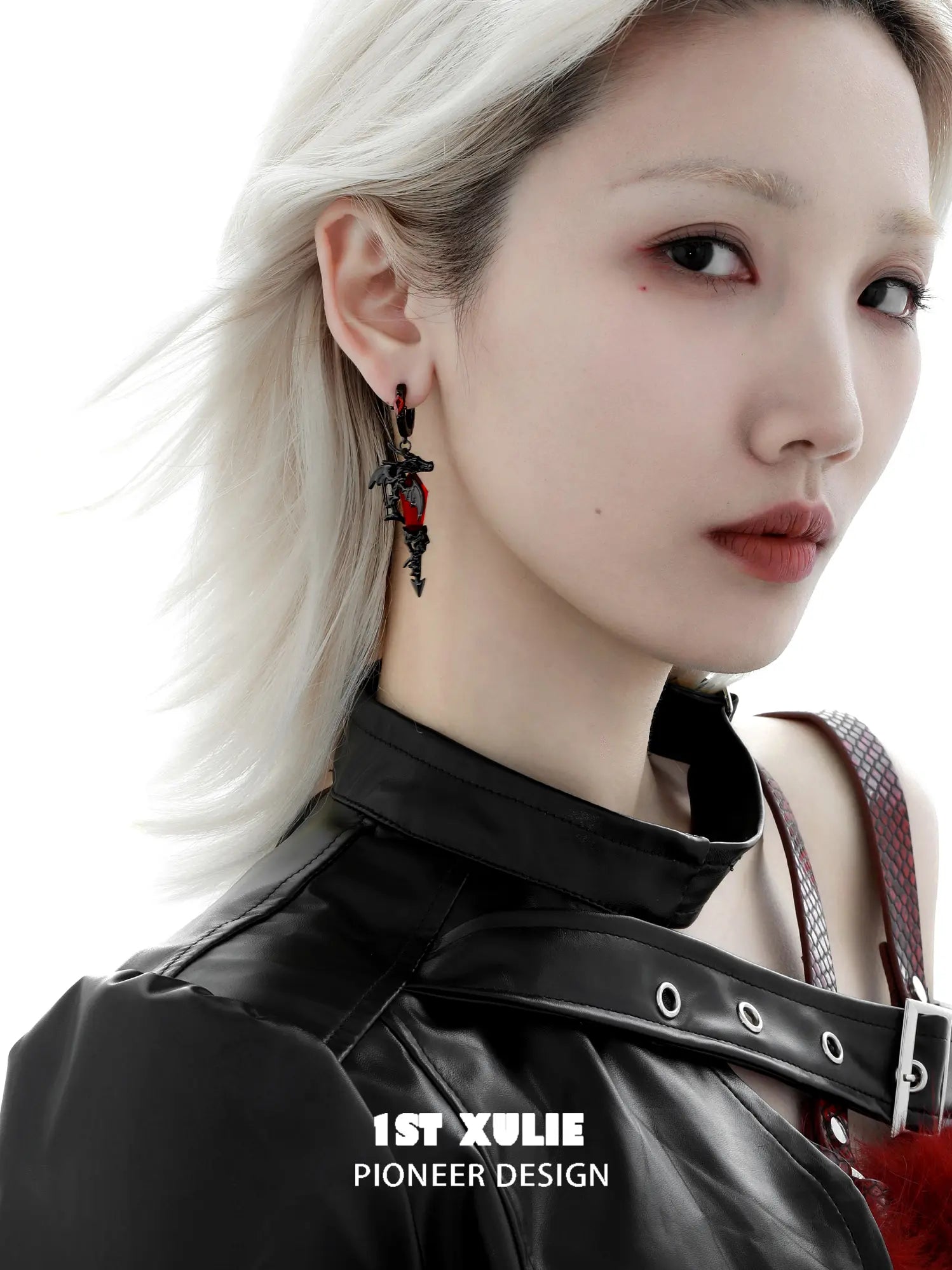 1ST XULIE "Infernal Dragon Relic" Gothic Dragon Bone Dangle Earrings in Black Gold Plated - Detail Shot