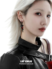 1ST XULIE "Infernal Dragon Relic" Gothic Dragon Bone Dangle Earrings in Black Gold Plated - Detail Shot