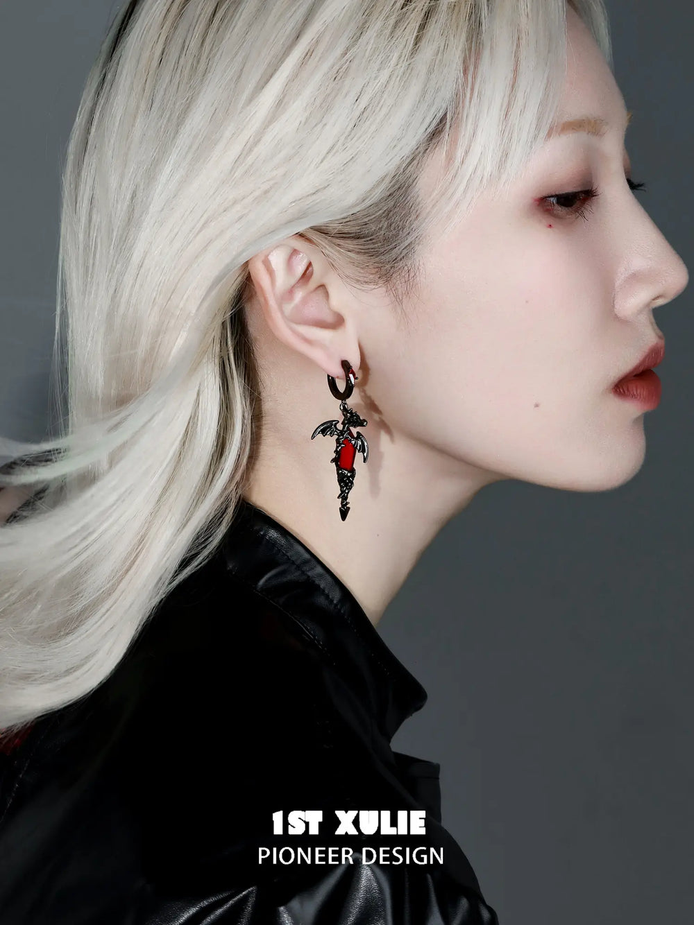 1ST XULIE "Infernal Dragon Relic" Gothic Dragon Bone Dangle Earrings in Black Gold Plated - On Model Close Up