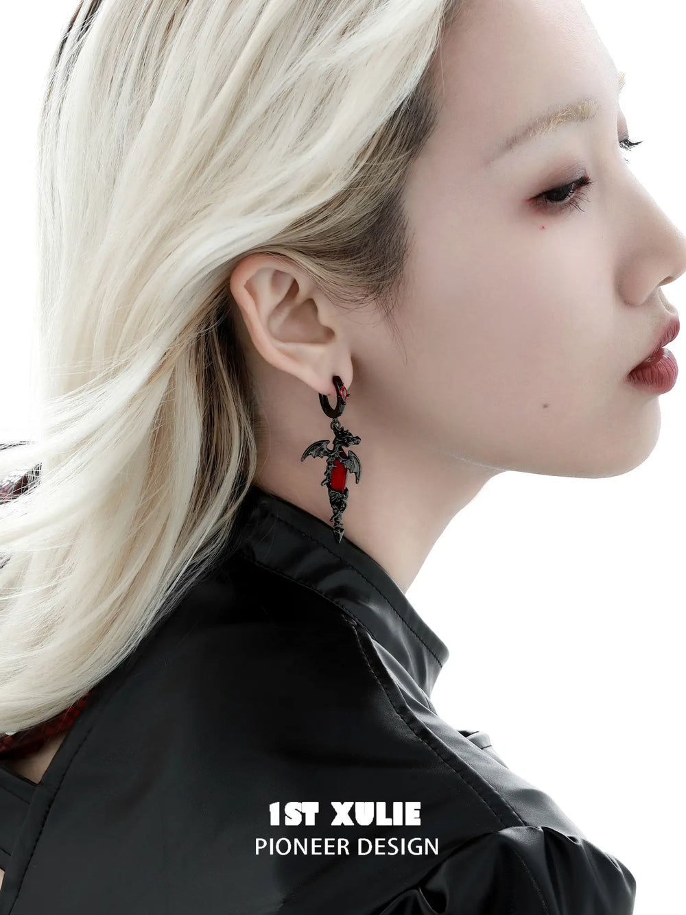1ST XULIE "Infernal Dragon Relic" Gothic Dragon Bone Dangle Earrings in Black Gold Plated - Side View