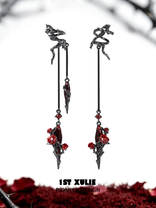 1ST XULIE Jewelry "TWILIGHT ROSE" Gothic Enamel Rose Ear Cuffs in Black Gold Plated Brass - Lifestyle Shot