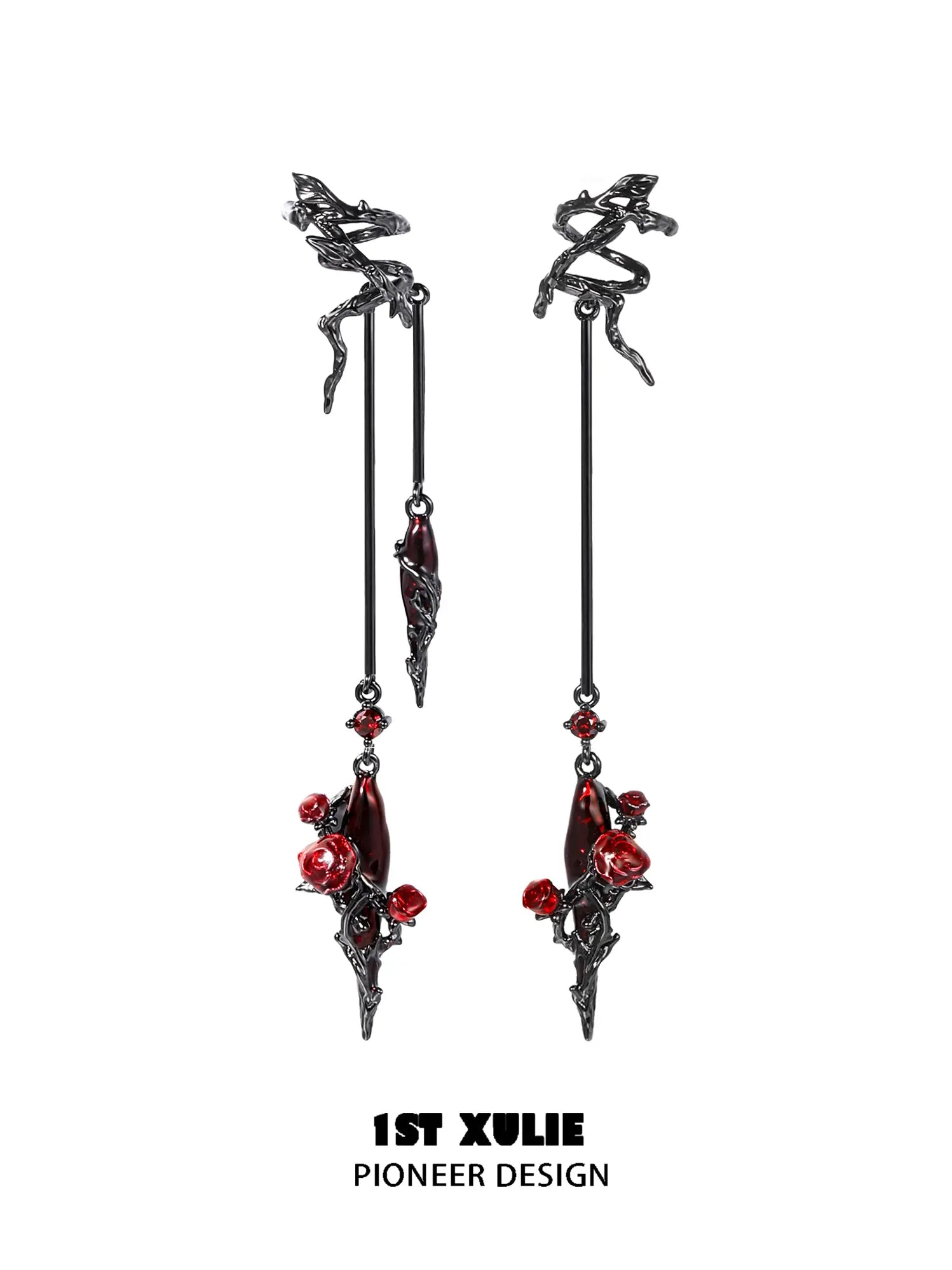 1ST XULIE Jewelry "TWILIGHT ROSE" Gothic Enamel Rose Ear Cuffs in Black Gold Plated Brass - Side View