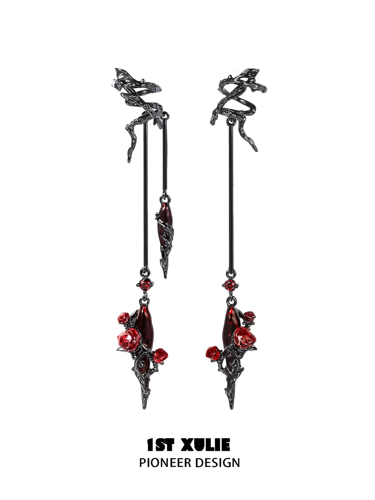1ST XULIE Jewelry "TWILIGHT ROSE" Gothic Enamel Rose Ear Cuffs in Black Gold Plated Brass - Side View