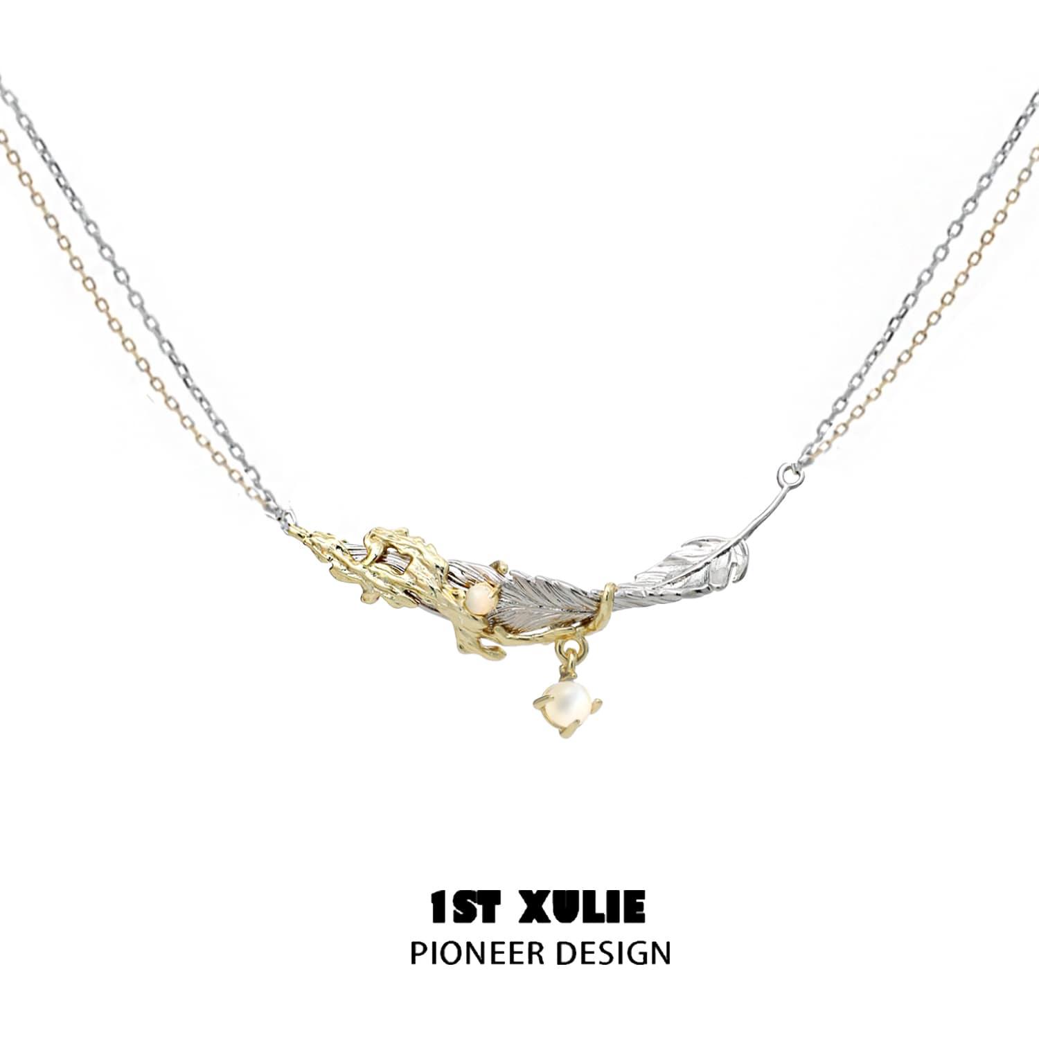 1ST XULIE "Lucifer" Gothic Feather Pendant Necklace in 18K Gold & Platinum Plate - Detail Shot