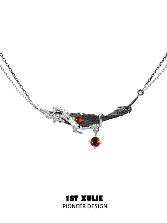 1ST XULIE "Lucifer" Gothic Feather Pendant Necklace in 18K Black Gold Plated - Detail Shot