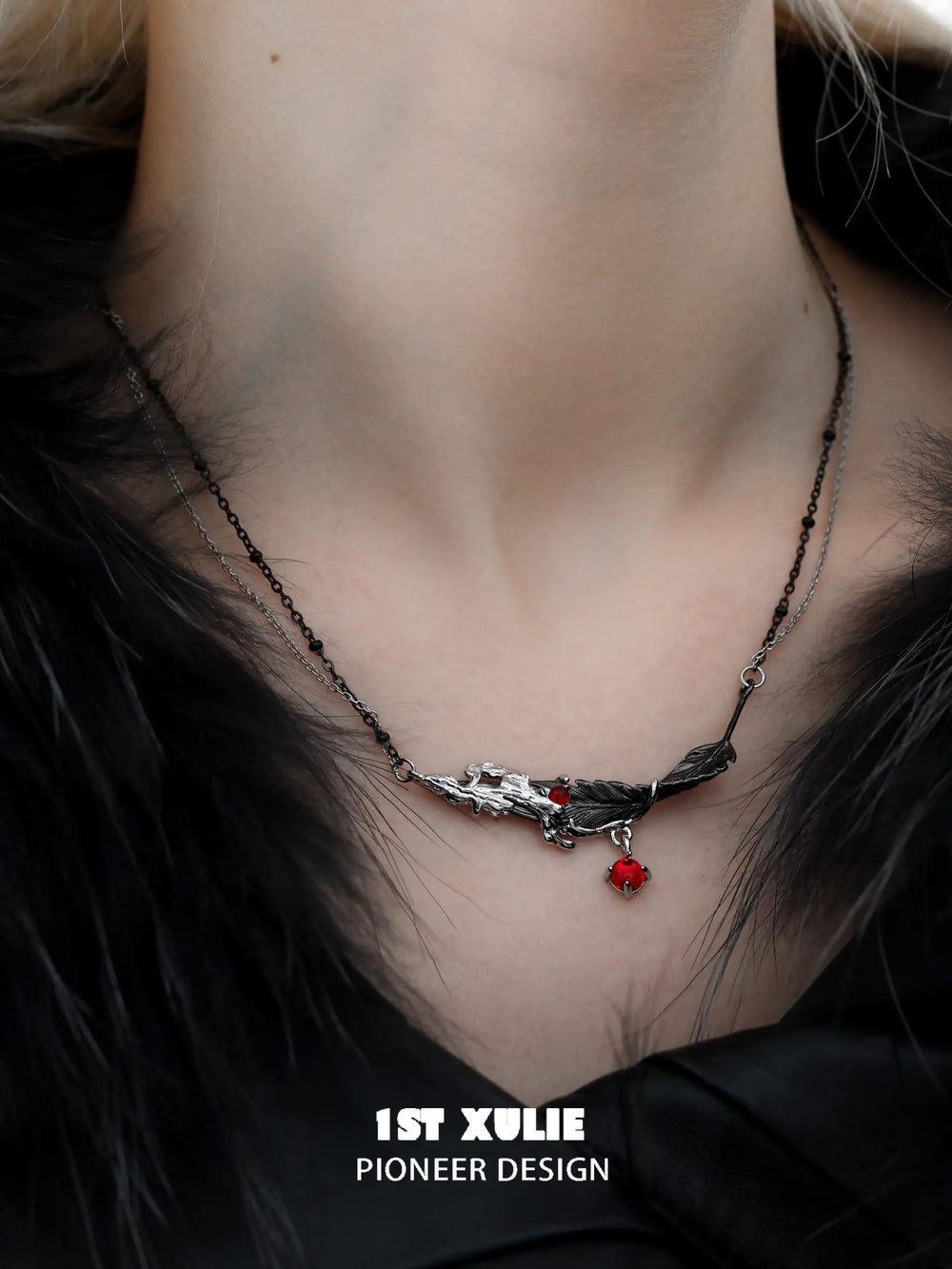 1ST XULIE "Lucifer" Gothic Feather Pendant Necklace in 18K Black Gold Plated - On Model
