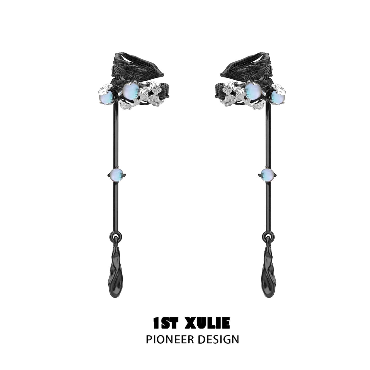 1ST XULIE "Lucifer" Gothic Feather Wing Dangle Ear Cuffs in 18K Gold & Platinum Plating - Back View