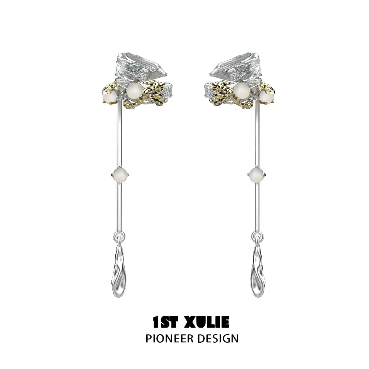 1ST XULIE "Lucifer" Gothic Feather Wing Dangle Ear Cuffs in 18K Gold & Platinum Plating - Detail Shot of Black Moonstone