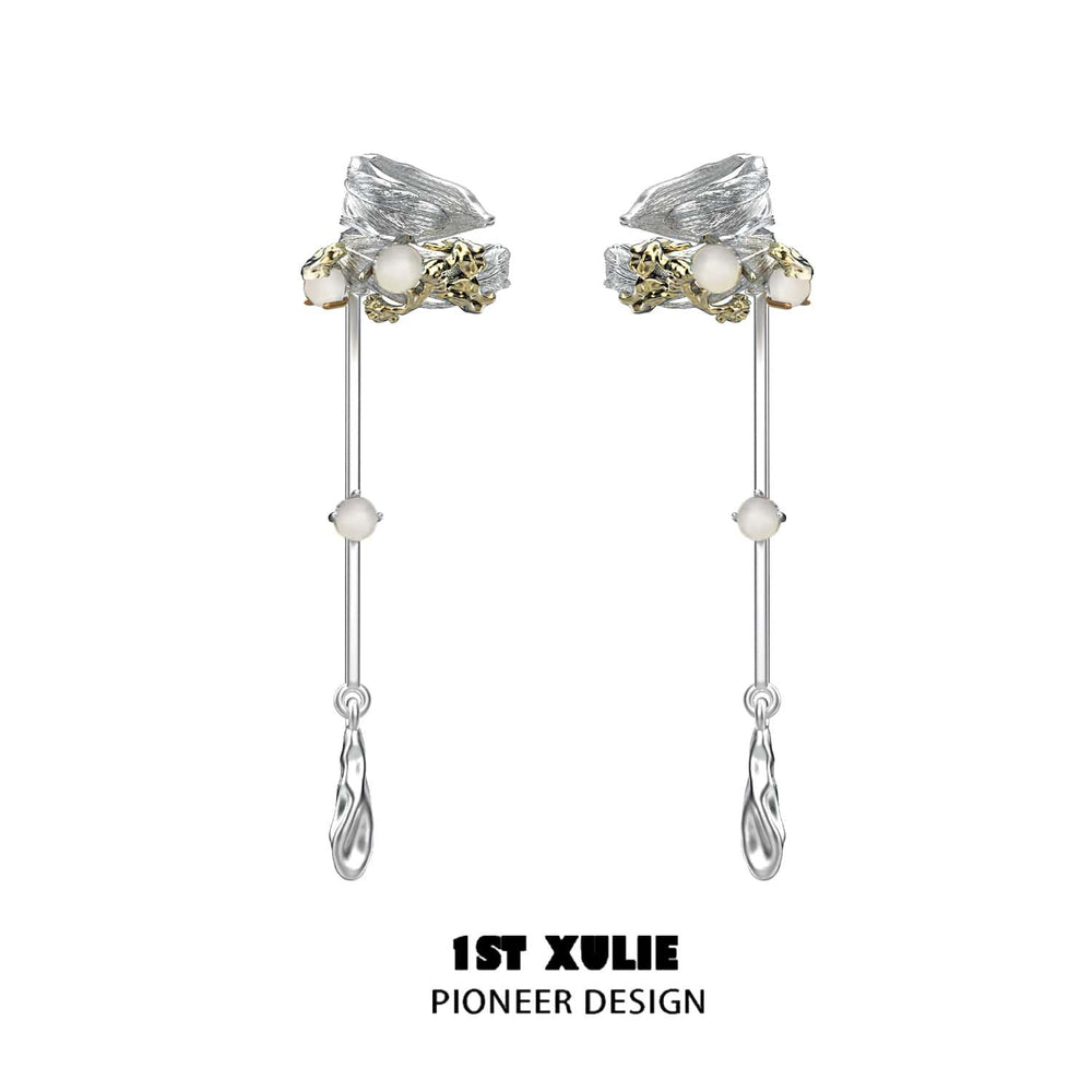 1ST XULIE "Lucifer" Gothic Feather Wing Dangle Ear Cuffs in 18K Gold & Platinum Plating - Detail Shot of Black Moonstone