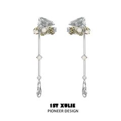 1ST XULIE "Lucifer" Gothic Feather Wing Dangle Ear Cuffs in 18K Gold & Platinum Plating - Detail Shot of Black Moonstone