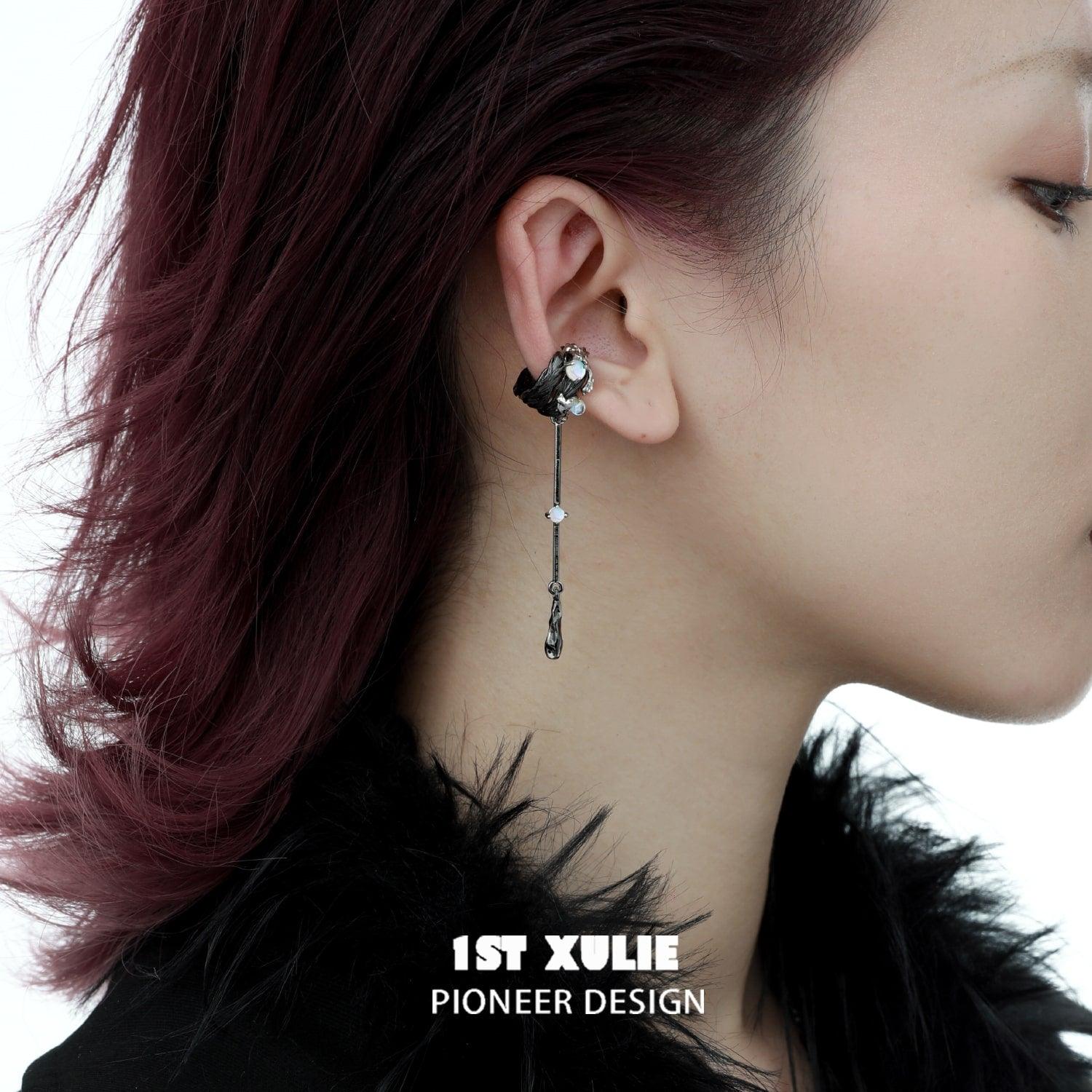 1ST XULIE "Lucifer" Gothic Feather Wing Dangle Ear Cuffs in 18K Gold & Platinum Plating - Lifestyle Shot