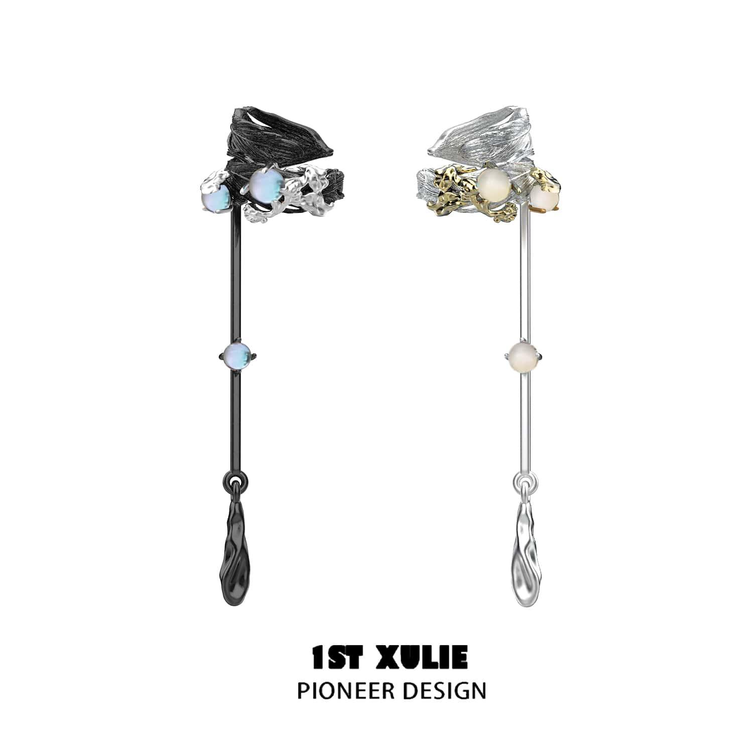 1ST XULIE "Lucifer" Gothic Feather Wing Dangle Ear Cuffs in 18K Gold & Platinum Plating - Product View