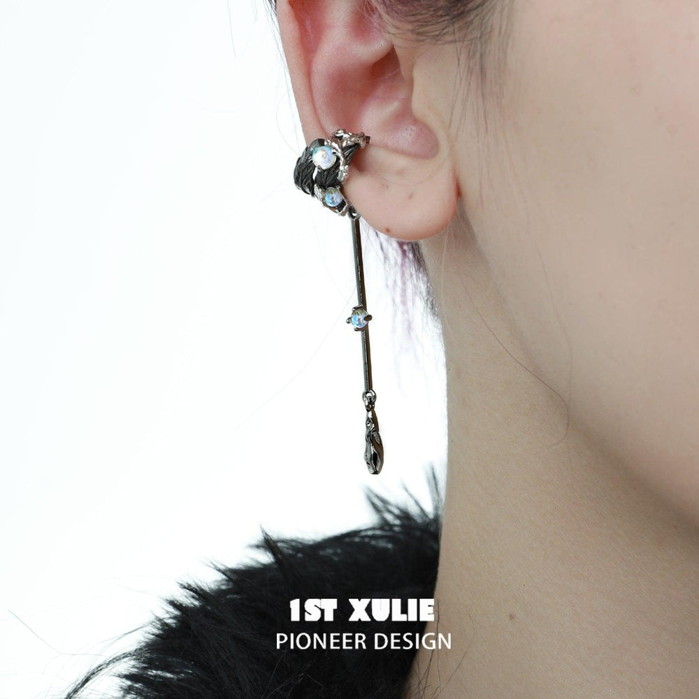 1ST XULIE "Lucifer" Gothic Feather Wing Dangle Ear Cuffs in 18K Gold & Platinum Plating - On Model Angle View