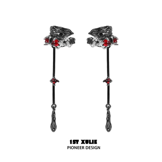 1ST XULIE "Lucifer" Gothic Feather Wing Dangle Ear Cuffs in 18K Gold & Platinum Plating - On Model Close-Up