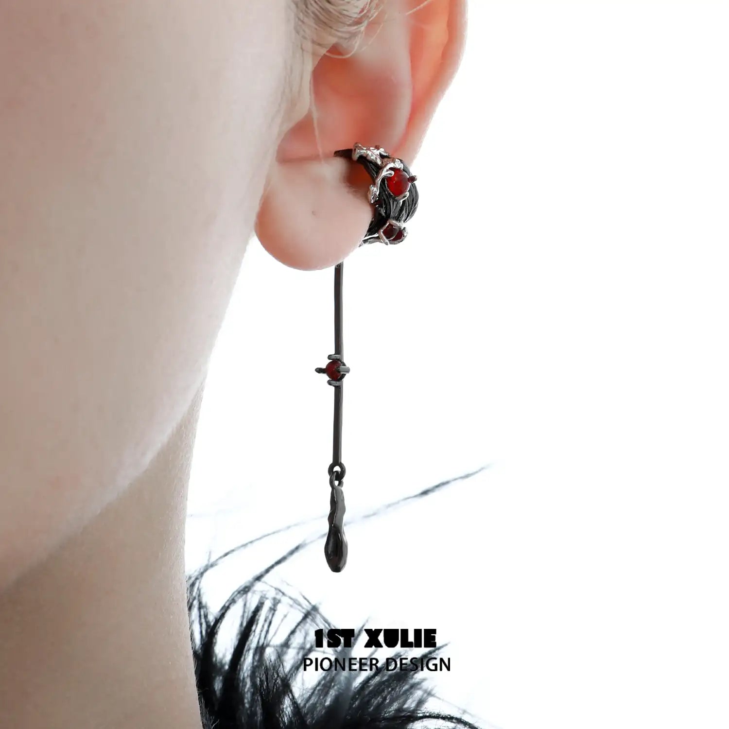 1ST XULIE "Lucifer" Gothic Feather Wing Dangle Ear Cuffs in 18K Gold & Platinum Plating - On Model Side View