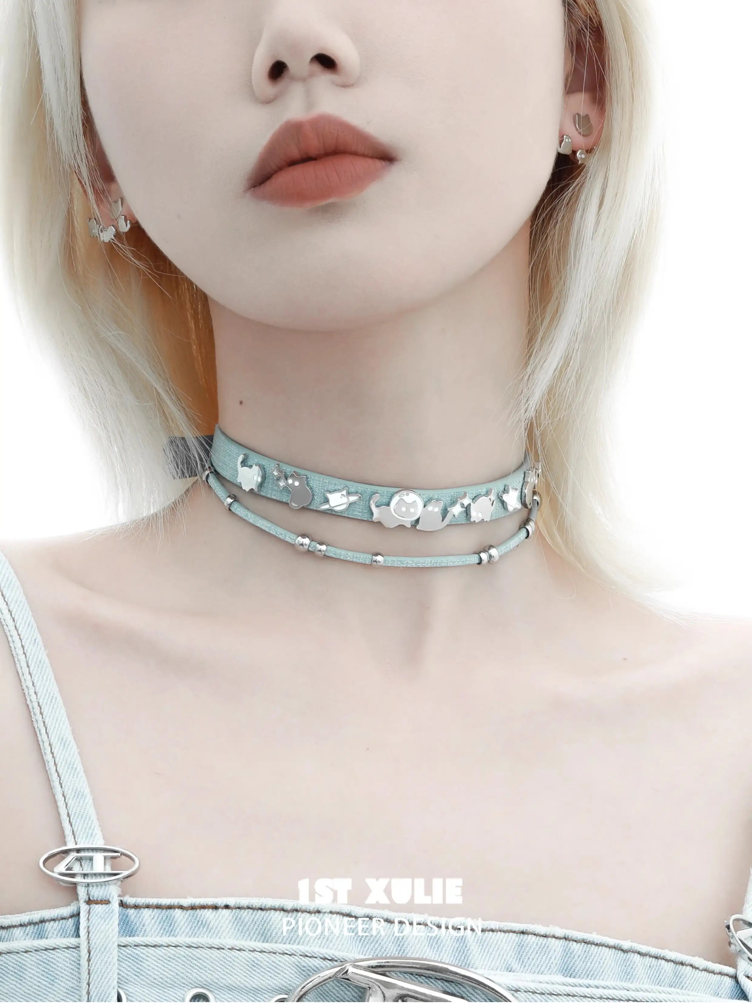 1ST XULIE "Ghosts Black Cat" Gothic Ghost Cat Leather Choker in Black Gold Plated Brass - Back View