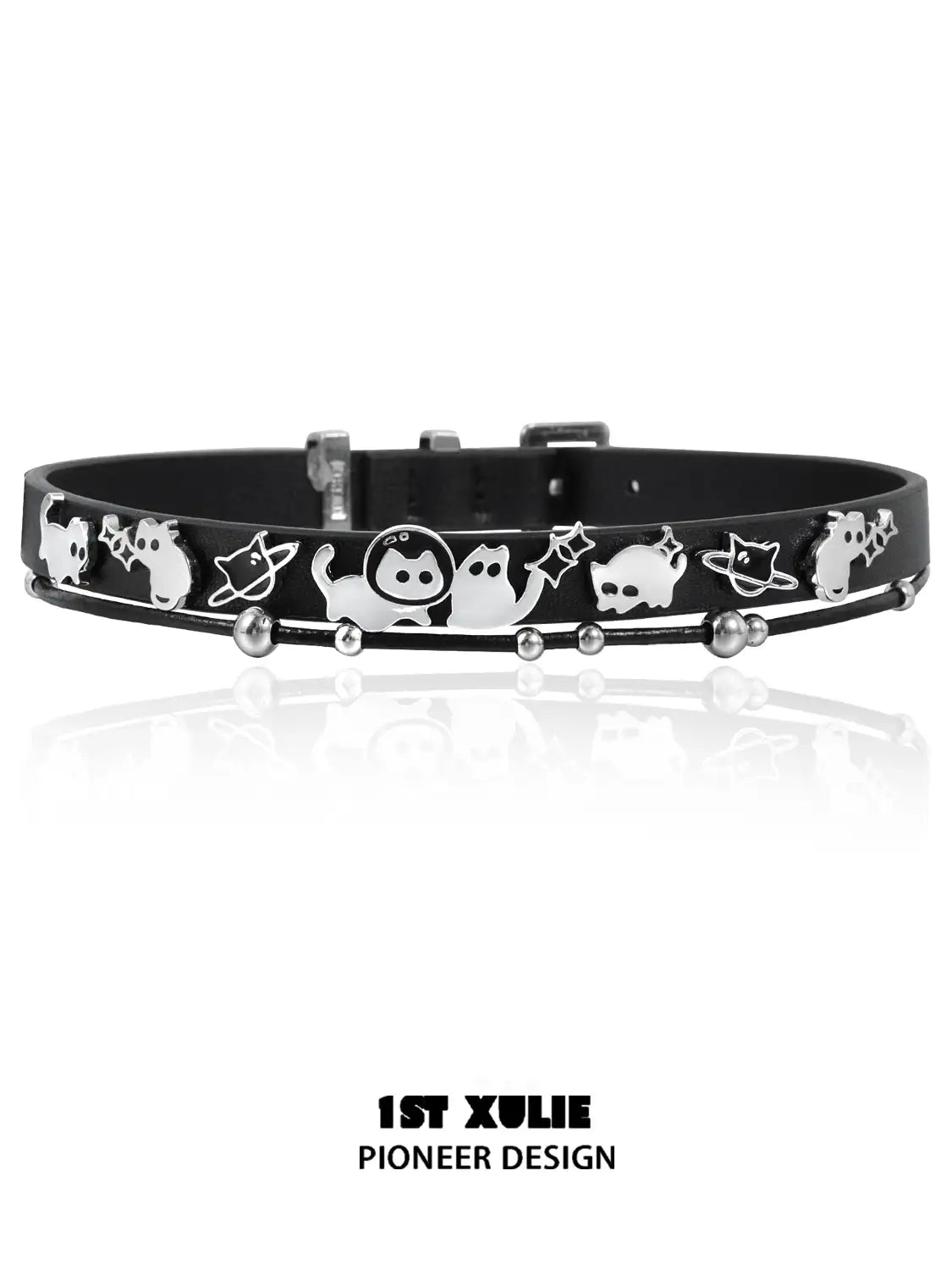 1ST XULIE "Ghosts Black Cat" Gothic Ghost Cat Leather Choker in Black Gold Plated Brass - On Model