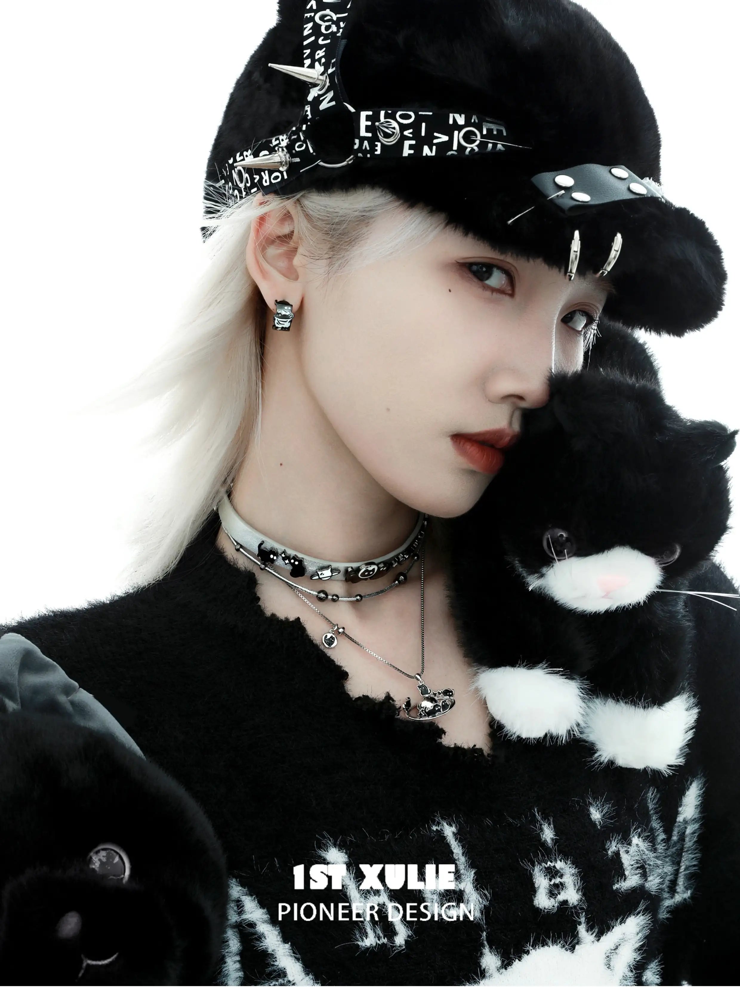 1ST XULIE "Ghosts Black Cat" Gothic Ghost Cat Leather Choker in Black Gold Plated Brass - Size Comparison