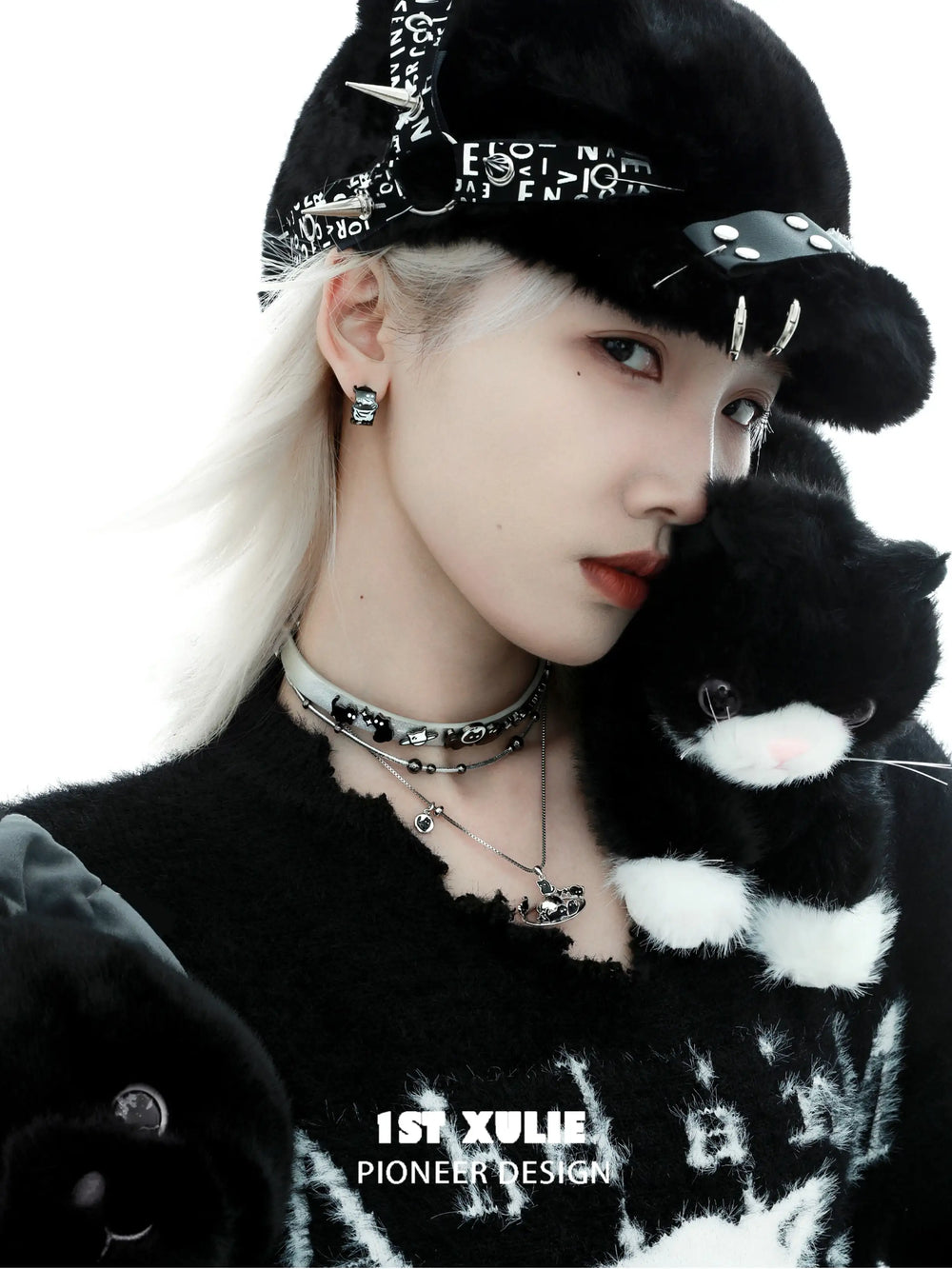 1ST XULIE "Ghosts Black Cat" Gothic Ghost Cat Leather Choker in Black Gold Plated Brass - Size Comparison