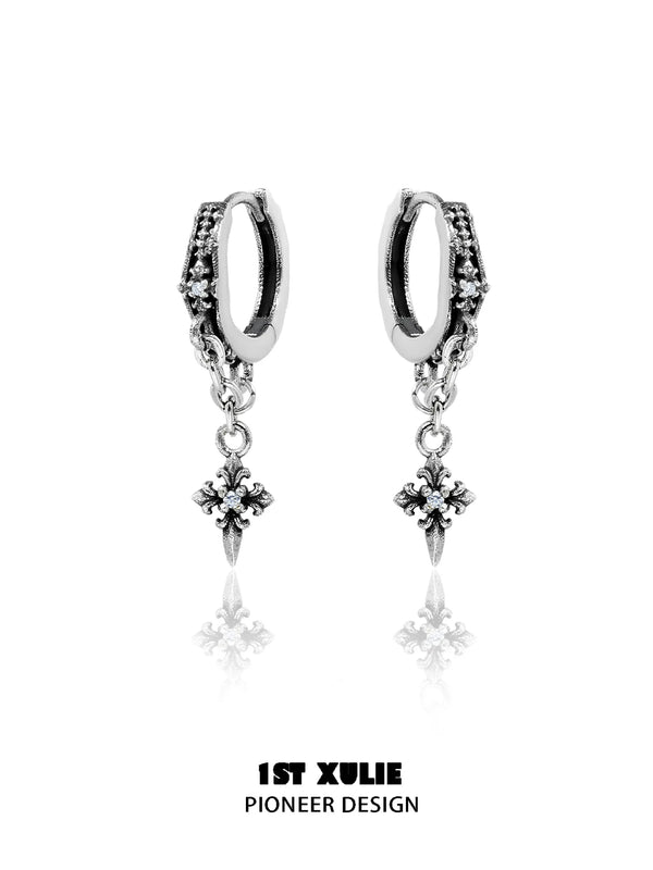 "Irises" 925 Sterling Silver Gothic Oxidized Dangle Cross Earrings