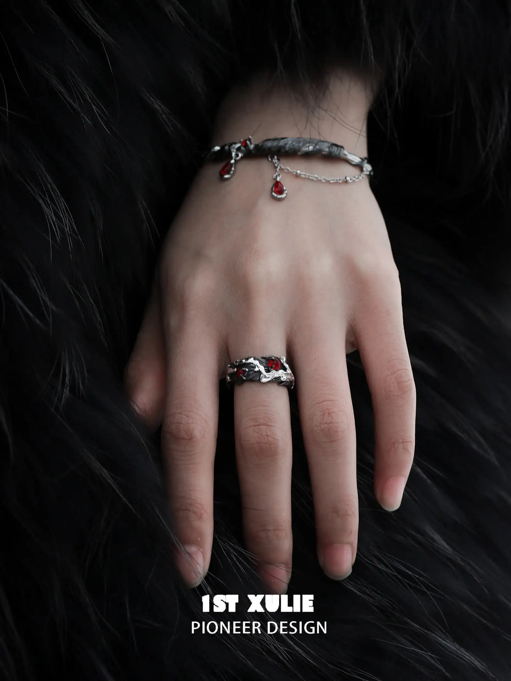 1ST XULIE "Lucifer" Gothic Red Crystal Feather Ring in 925 Sterling Silver - On Model