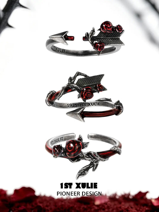 1ST XULIE Jewelry "TWILIGHT ROSE" Gothic Rose and Arrow Ring in 925 Sterling Silver - Angle 1