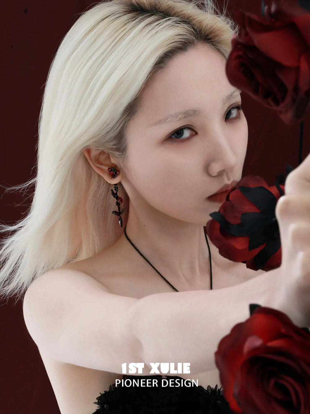 1ST XULIE Jewelry "TWILIGHT ROSE" Gothic Rose Bow Statement Drop Earrings in Black Gold Plated - Angle View