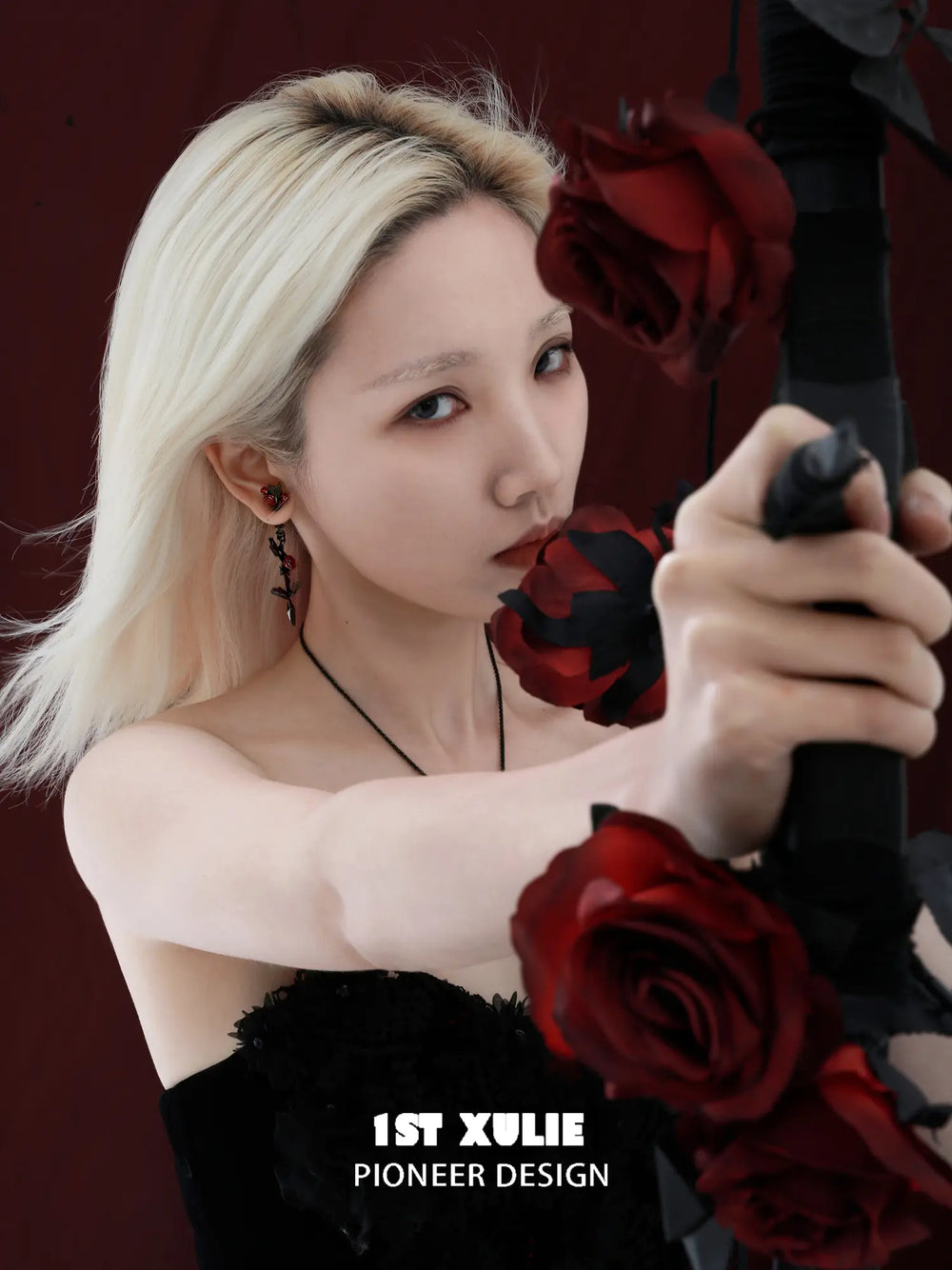 1ST XULIE Jewelry "TWILIGHT ROSE" Gothic Rose Bow Statement Drop Earrings in Black Gold Plated - Detail Shot