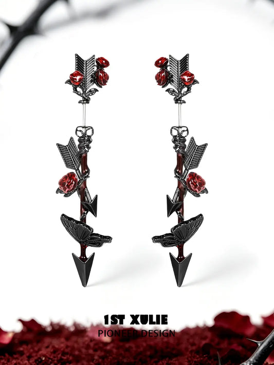 1ST XULIE Jewelry "TWILIGHT ROSE" Gothic Rose Bow Statement Drop Earrings in Black Gold Plated - Lifestyle Shot