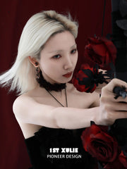 1ST XULIE Jewelry "TWILIGHT ROSE" Gothic Rose Bow Statement Drop Earrings in Black Gold Plated - Product View